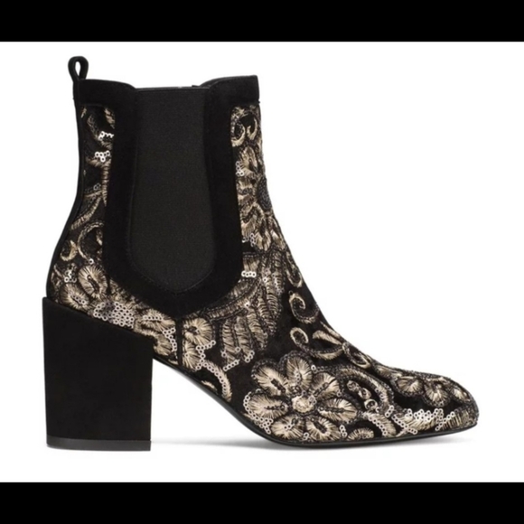 Stuart Weitzman Mediate Black Radiant Velvet Gold Sequins bootie Size 10 - Picture 7 of 17